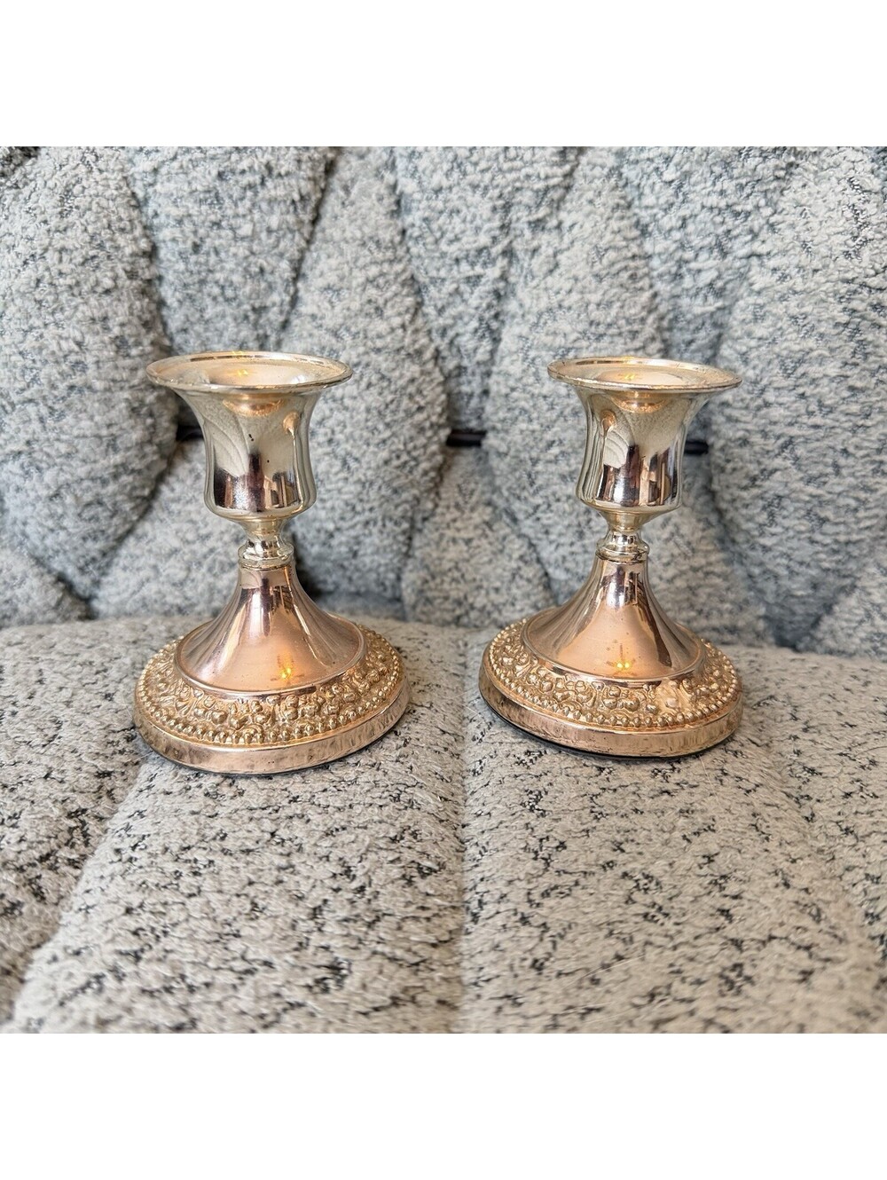 Pair of Silverplate Beaded Edge Candlesticks Decorative Table Centerpiece 3.5 In